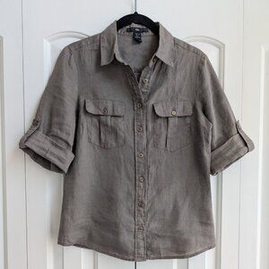 H&M Women's Gray 100% Linen Button-Down Top Small
